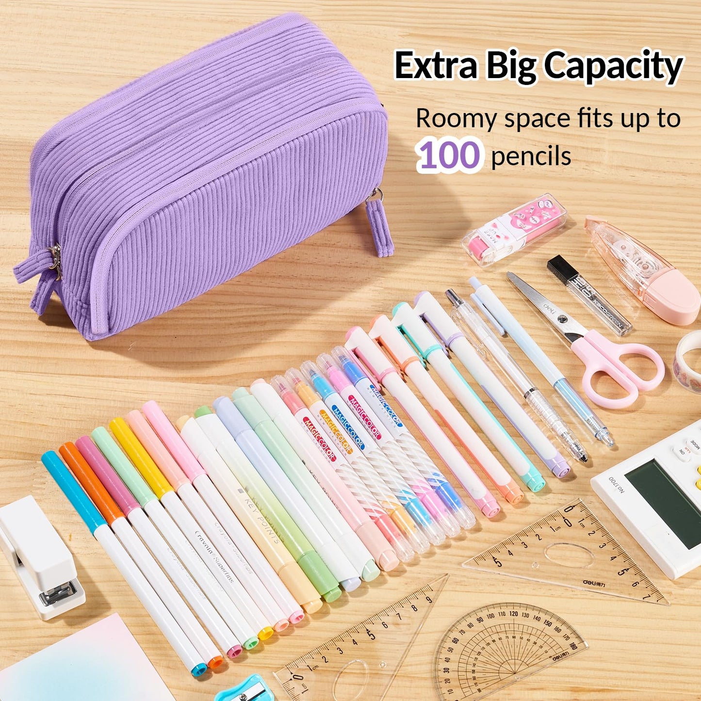 Sooez Big Capacity Pencil Case Pen Pouch, Soft Corduroy Pencil Bag with 3 Compartment, Multiple Pockets, Sturdy Zipper, Cute School Supplies Pen Bag Organizer For Teen Girls College, Beige