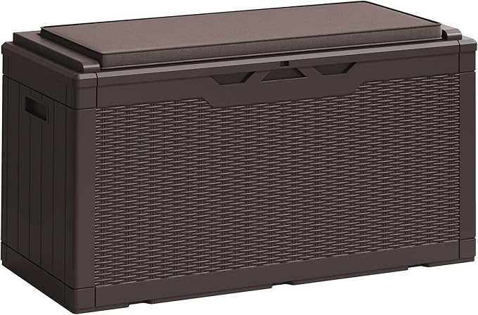 Greesum 100 Gallon Resin Deck Box Large Outdoor Storage Boxes with Cushions for Garden Tools, Patio Furniture Pillows, Pool Supplies, Dark Brown