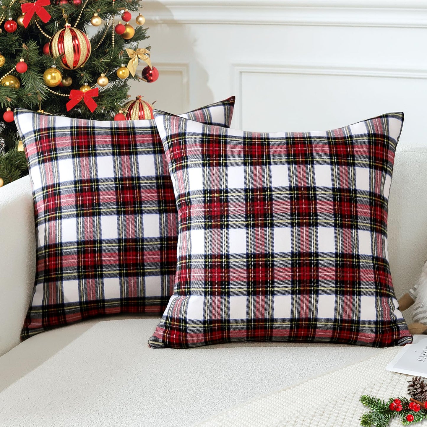 OTOSTAR Christmas Scottish Tartan Plaid Throw Pillow Covers Farmhouse Classic Decorative Square Cushion Cases Soft Pillowcases for Decor Sofa Couch 20x20 Inch Set of 2 (Red White)