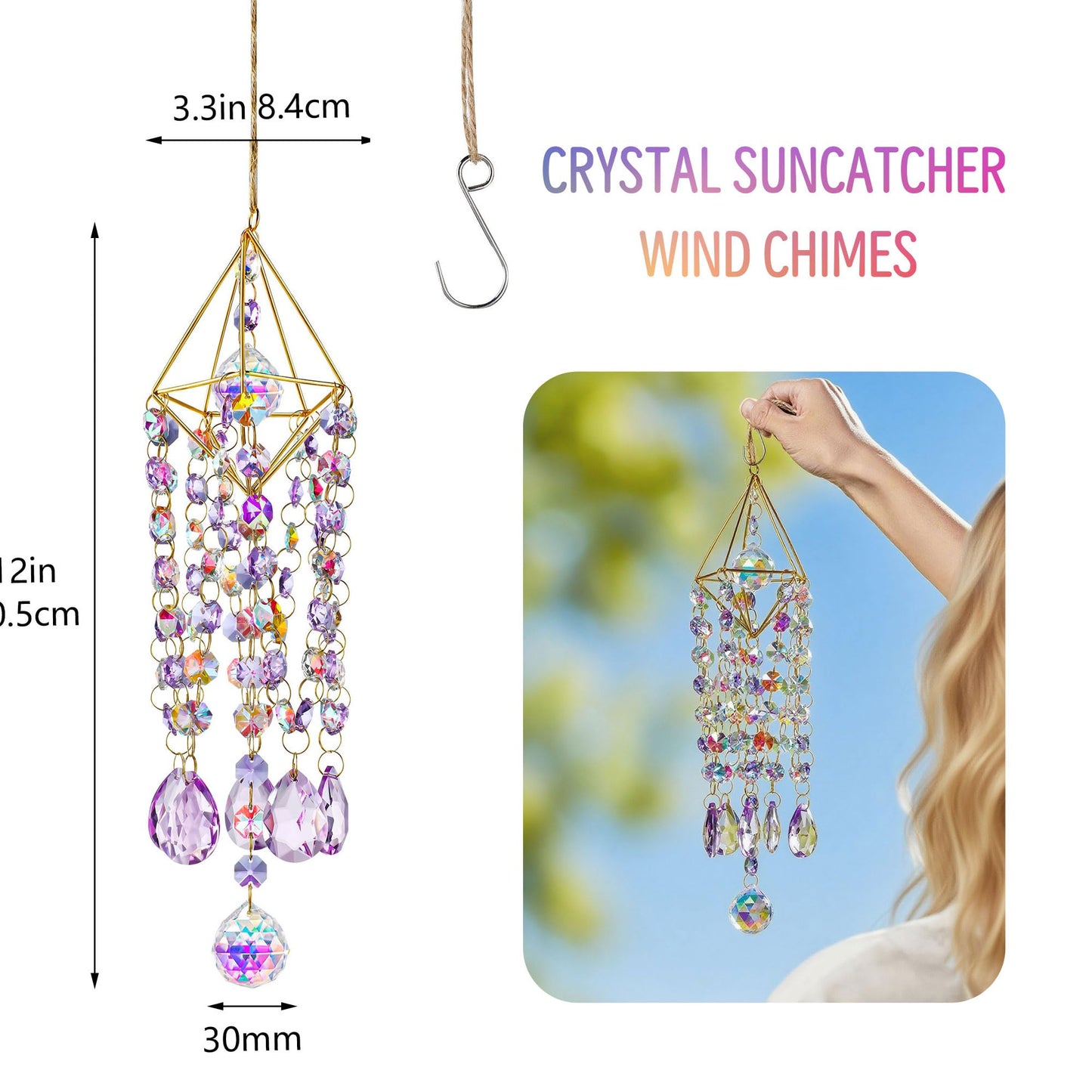 HDCRYSTALGIFTS 21.5inch Crystal Prisms Suncatcher for Window Hanging, Rainbow Maker Crystal Sun Catcher Indoor Window Glass Wind Chimes Home Garden Decor, Purple