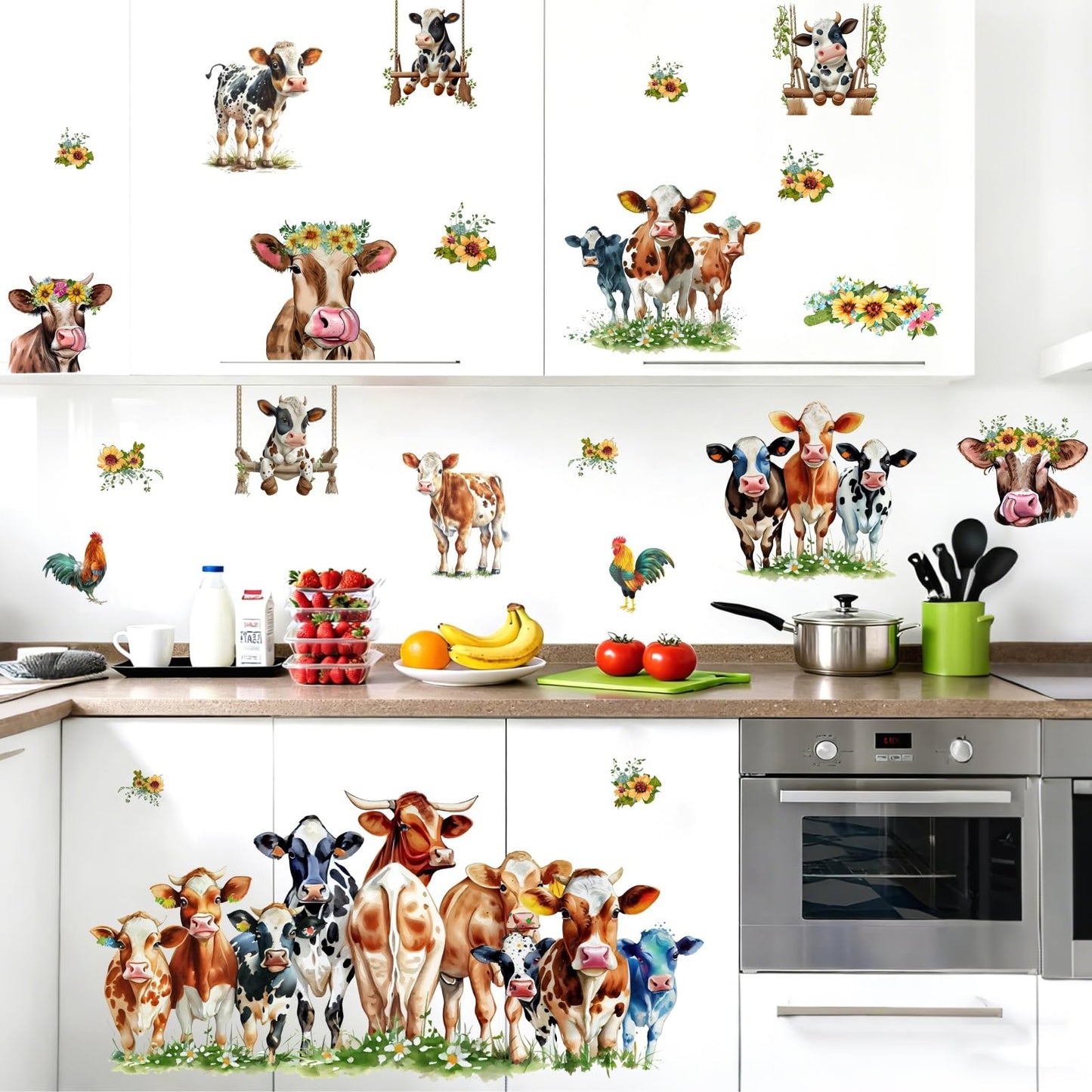 Funny Cow Wall Stickers Cute Cow Window Stickers Farm Animal Wall Decals Peel and Stick Sunflower Cattle Cow Print Window Decals Clings Farmhouse Wall Stickers for Kitchen Bedroom Decor