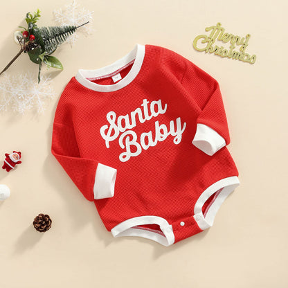 Baby Girl Boy Christmas Sweater Outfit Santa Baby Crewneck Sweatshirt Romper Long Sleeve Oversized Waffle Knit Onesie Pullover Top (A Waffle Knitted Santa Red,0-6 Months)