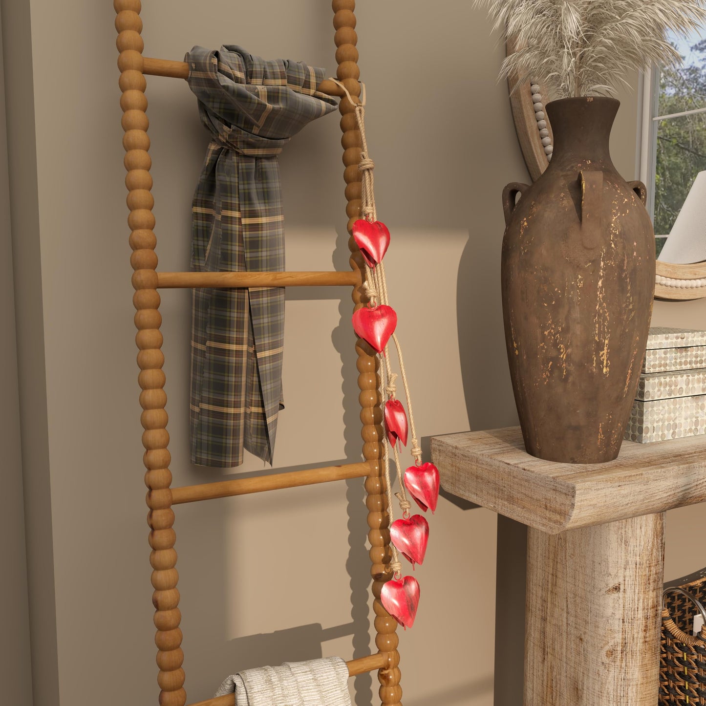 Deco 79 Metal Heart Indoor Outdoor Decorative Cow Bells Tibetan Inspired Meditation Bell with 6 Bells on Jute Hanging Rope, Cow Bell 2.50" x 2.50" x 36.00", Red
