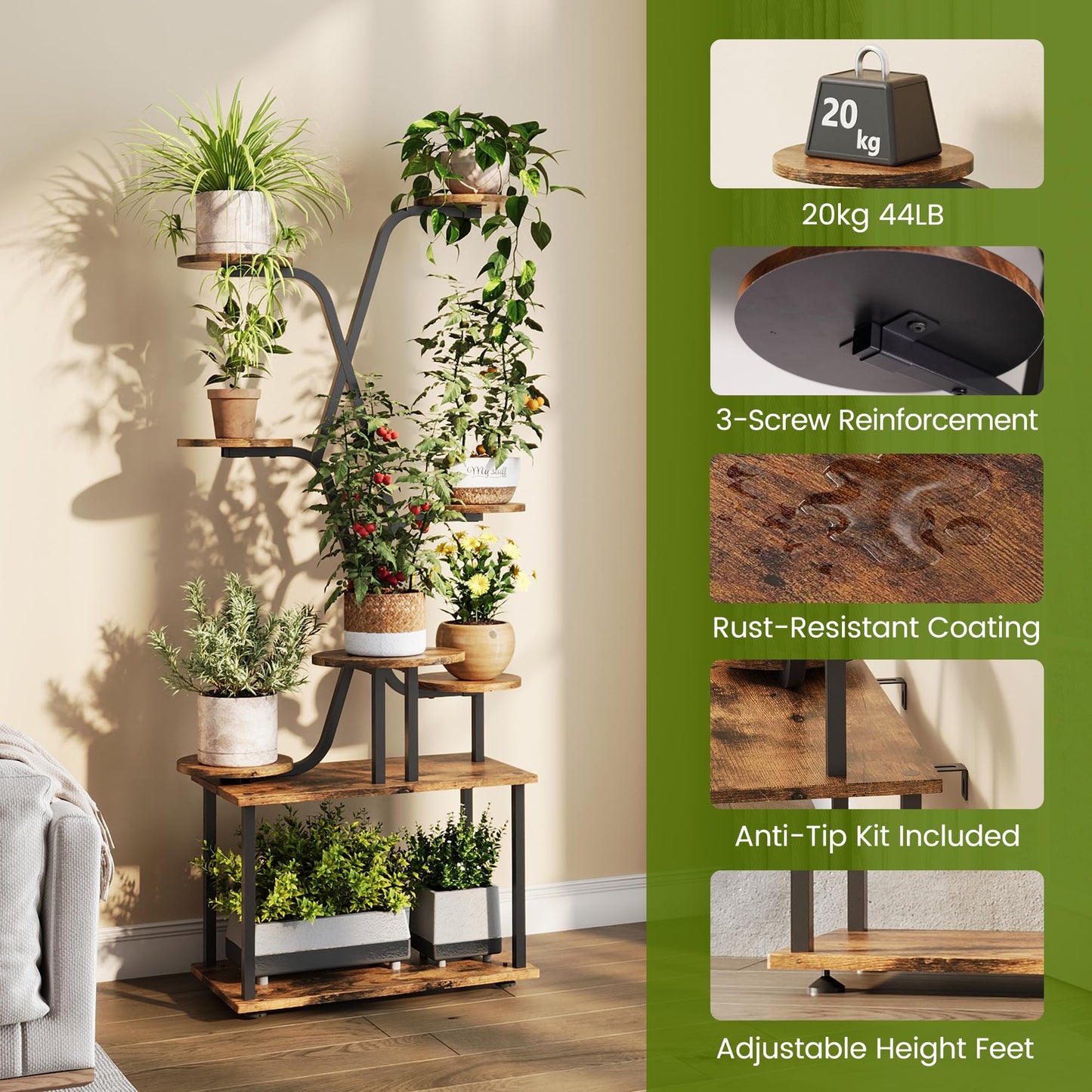 DIOOSN Tall Plant Stand, 9-Tier Tiered Indoor Plant Stand Multiple Shelves, Stable Plant Stand Indoor with Grow Lights for Home, Office, Balcony & Patio