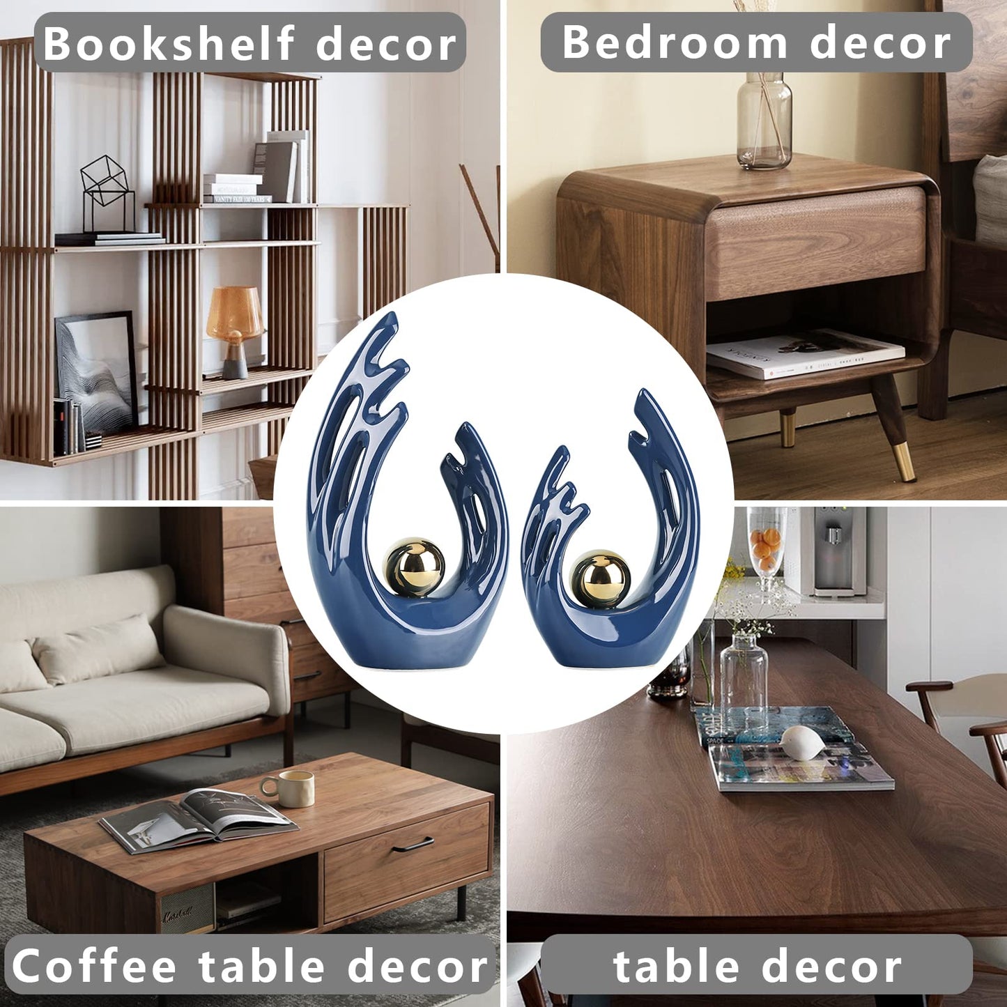 12" H Navy Blue Aesthetic Room Decor Accent, TV Stand Funky Table Centerpiece, Abstract Art Ceramic Statue and Sculpture, Blue Decor for Living Room, Bookshelf Decorative Objects, Shelf Decorative