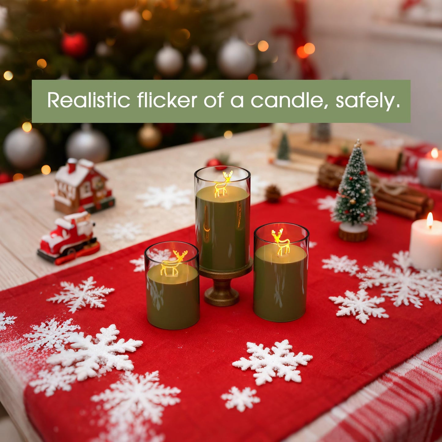 L LOHAS LED Electronic Candle Night Lights with Remote, 3-Pack Reindeer LED Flameless Candles, Battery Operated Flickering Night Light, 5 Brightness Levels & Timer, for Holiday Home Decor