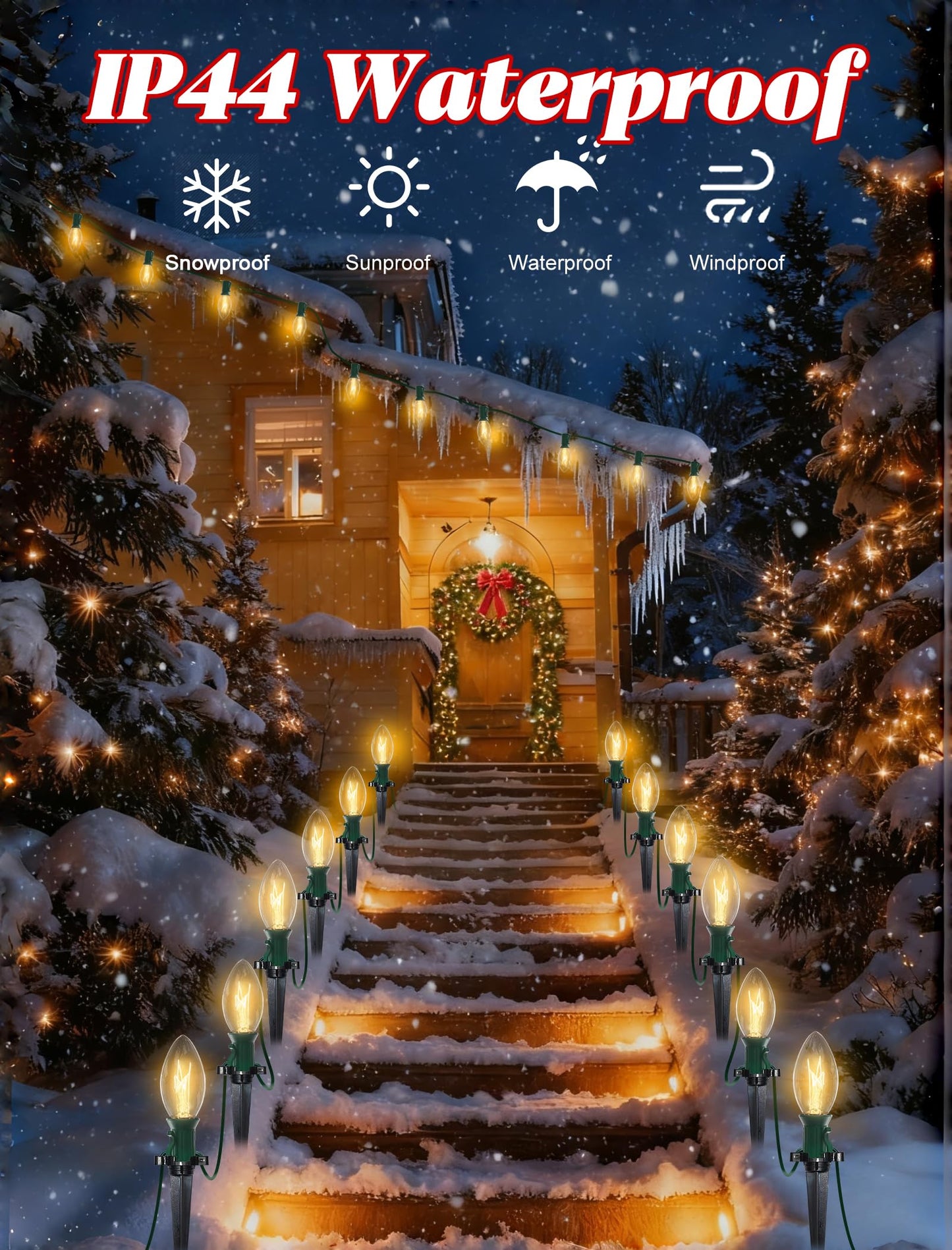 38FT C9 Christmas Pathway Lights Outdoor,25 Pack Warm White Connectable Weatherproof Christmas Walkway Lights with C9 Bulbs and Stakes for Driveway Yard Lawn Sidewalk Decorations