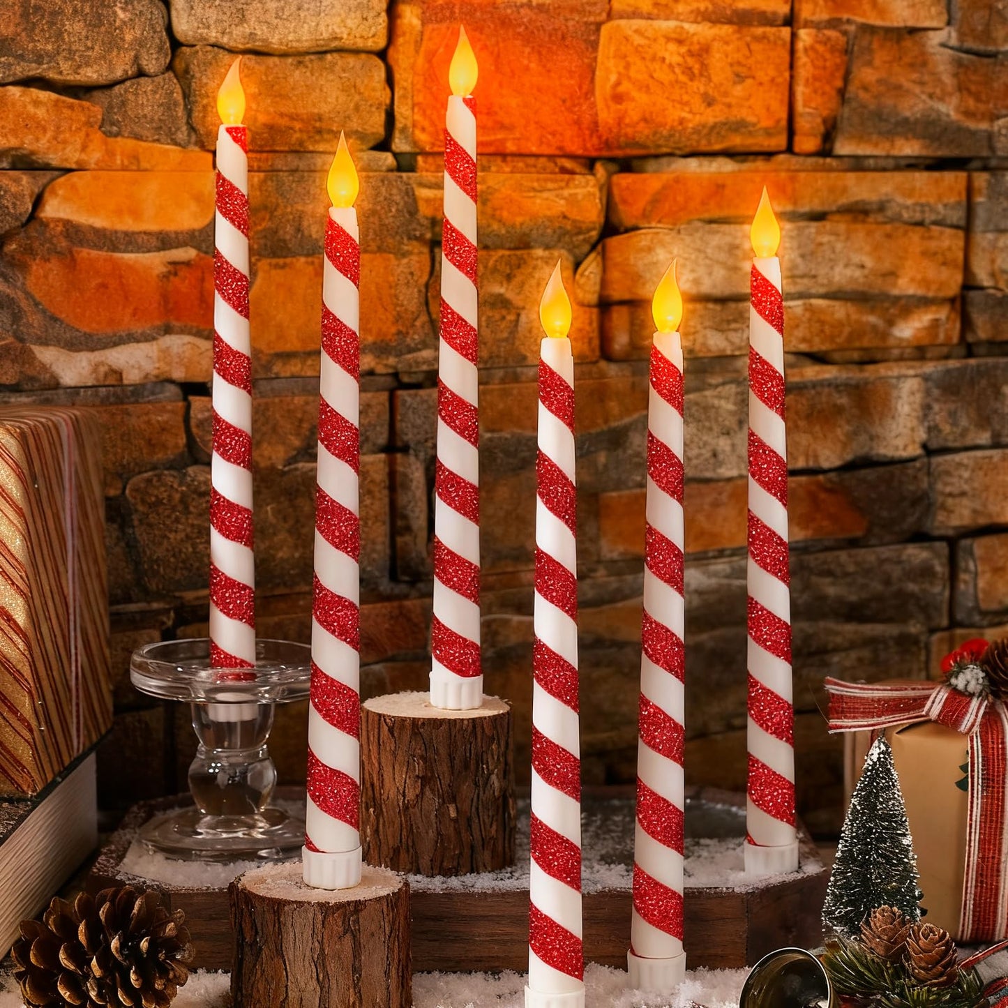 LCZLUMIPRO 6PCS Christmas Flameless Taper Candles - Candy Cane Red and White Stripes Flickering Battery Operated LED Candles for Xmas Centerpiece Holiday Party, Wedding, Winter Home Decoration