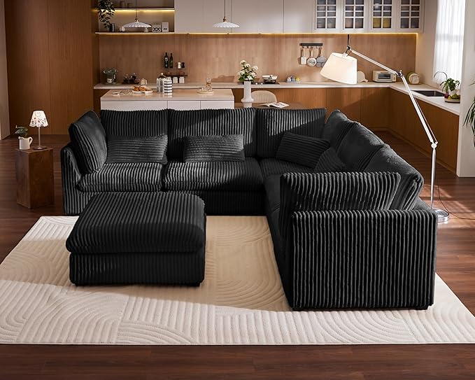 115" Oversized Corduroy Couch Modular Sectional Sofa, Washable Cloud Couch