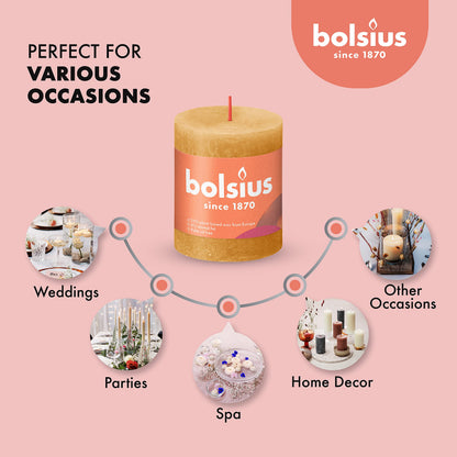 BOLSIUS 4 Pack Yellow Rustic Pillar Candles - 2.75 X 3.25 Inches - Premium European Quality - Includes Natural Plant-Based Wax - Unscented Dripless Smokeless 35 Hour Party and Wedding Candles