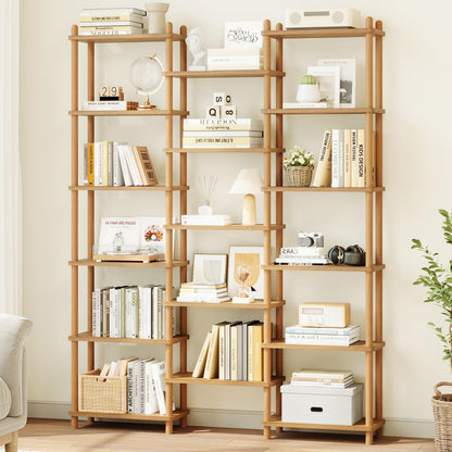 IOTXY Wooden Triple Wide Bookshelf - 6-Tier Large Shelf Bookcase with Solid Beech Frame, Tall Freestanding Open Etagere Display Rack for Home Office, Oak