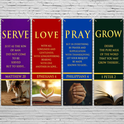 4 Pcs 5.9 Ft Church Banners with Scripture Worship Christmas Banner for Sanctuary Wall Christian Bible Prayer Holiday Flags Welcome Religious Praise Hanging Signs Decorations For Church Outdoor