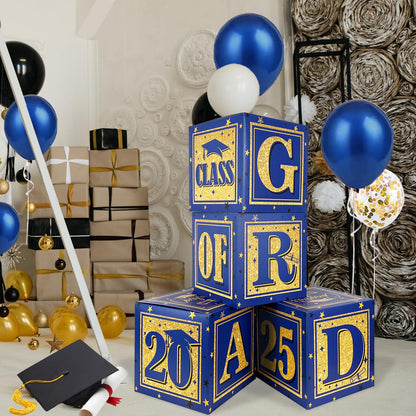 2025 Graduation Decorations Blue Class of 2025 Decorations Royal Blue and Gold Balloon Boxes with "GRAD" and"CLASS OF 2025" Letters Graduation Boxs for High School and College Grad Announcements