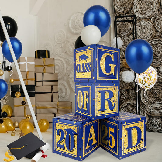 2025 Graduation Decorations Blue Class of 2025 Decorations Royal Blue and Gold Balloon Boxes with "GRAD" and"CLASS OF 2025" Letters Graduation Boxs for High School and College Grad Announcements