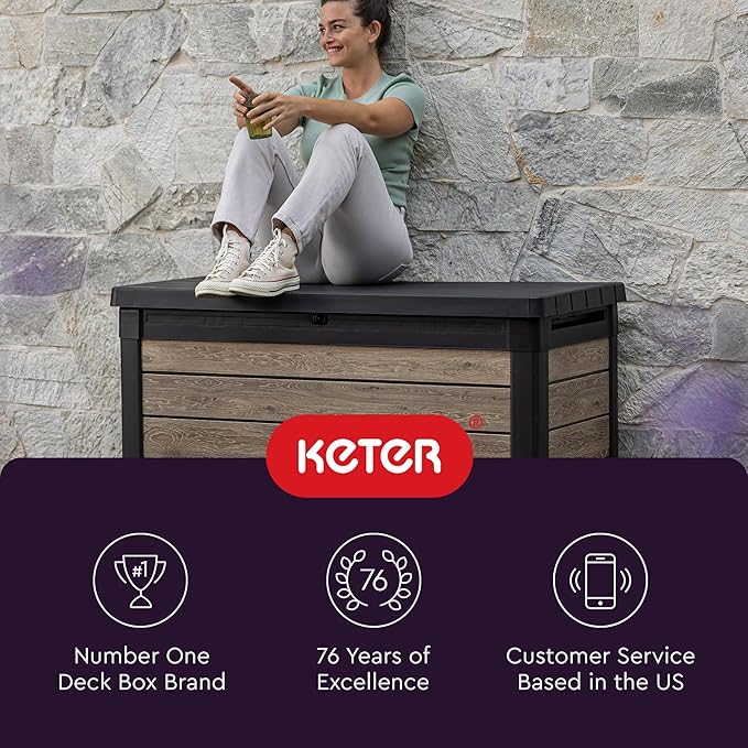 Keter Ashwood 100 Gallon Resin Deck Box Organization and Storage for Patio Furniture Outdoor Cushions, Throw Pillows, Garden Tools and Pool Toys, Brown