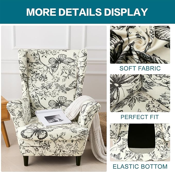 KRFOONN Velvet Wing Chair Slipcovers 2 Piece Stretch Printed Wingback Chair
