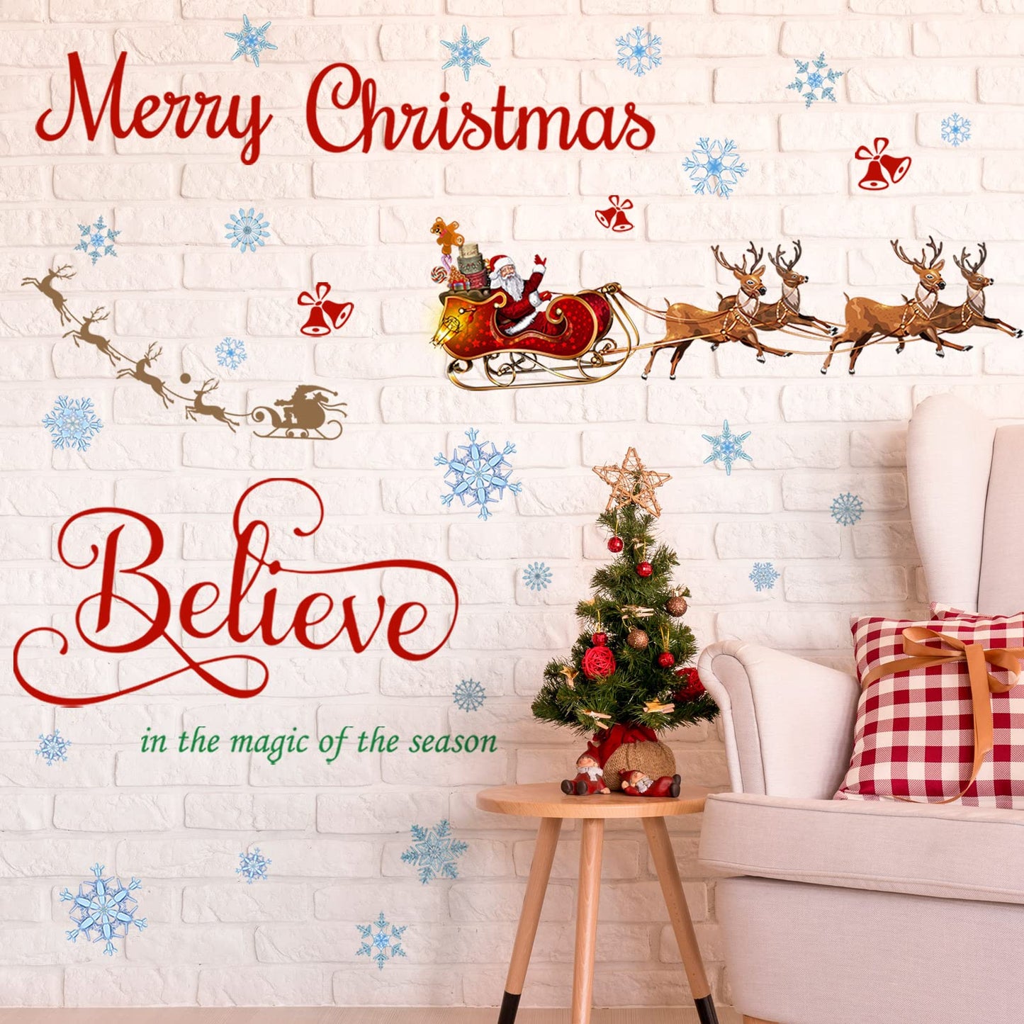 Spiareal Christmas Window Wall Decals Santa Sleigh and Reindeer Xmas Wall Stickers Merry Christmas Quote Stickers Santa Claus Snowflake Window Decal for Home Shop Xmas Party Decorations