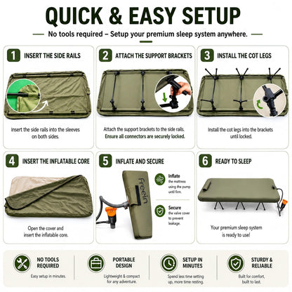 Freein Double Camping Cot with 7 PSI Inflatable Mattress Combo, Queen Size Modular 2-in-1 Sleep System, Dual-Height Adjustable, 16-Point Stable Frame Supports 820lbs, Portable SUV & Tent Bed