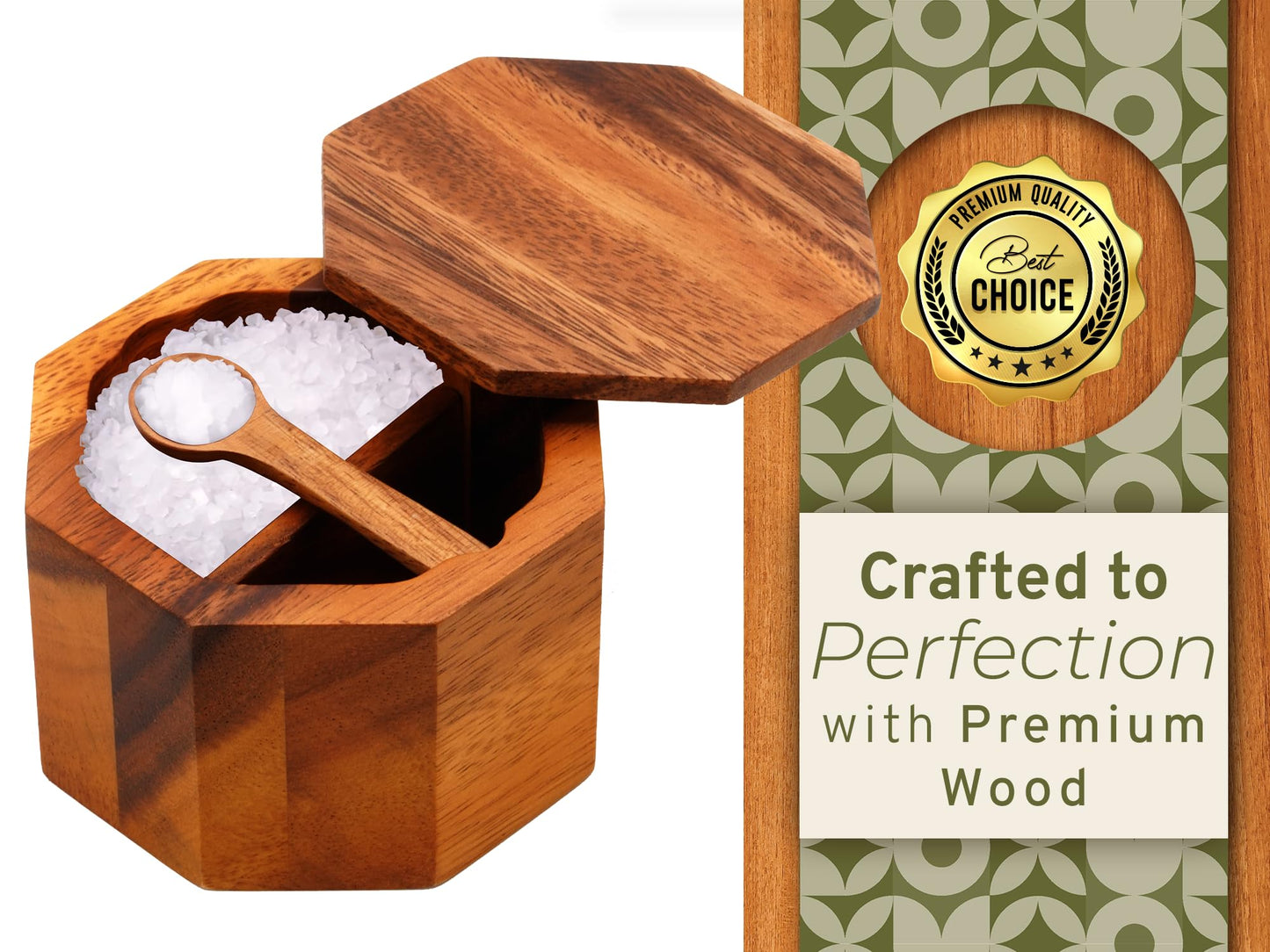 ARANYA Wooden Pepper and Salt Cellar with Lid and Spoon Set Keeper Two Compartments Spice Seasoning Wood 7oz. Container for Countertop Kitchen Storage Sea Salt Box Holder with Anti-Slip Feet Slip