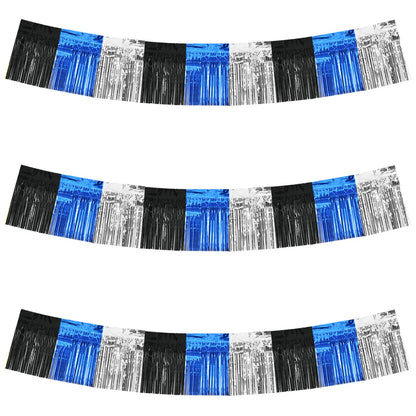 BEISHIDA 3 Packs Metallic Foil Fringe Garland Black Blue Silver Wall Hanging Tinsel Fringe Banners for Car Floats Bridal Shower Wedding Birthday Graduation Holiday Party Decoration(30 Feet)