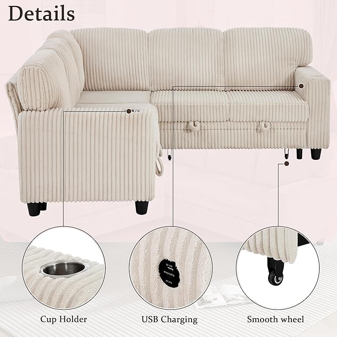 L-Shaped Sectional Couch with Storage and Pull Out Bed, Convertible Sofa Bed