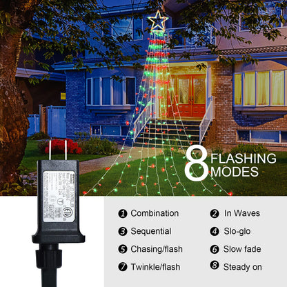 MINIAO Christmas Decorations Star String Lights, 320 LED Waterfall Tree Lights with 13" Topper Star 8 Lighting Modes Indoor Outdoor Decorative for New Year, Holiday, Wedding, Party