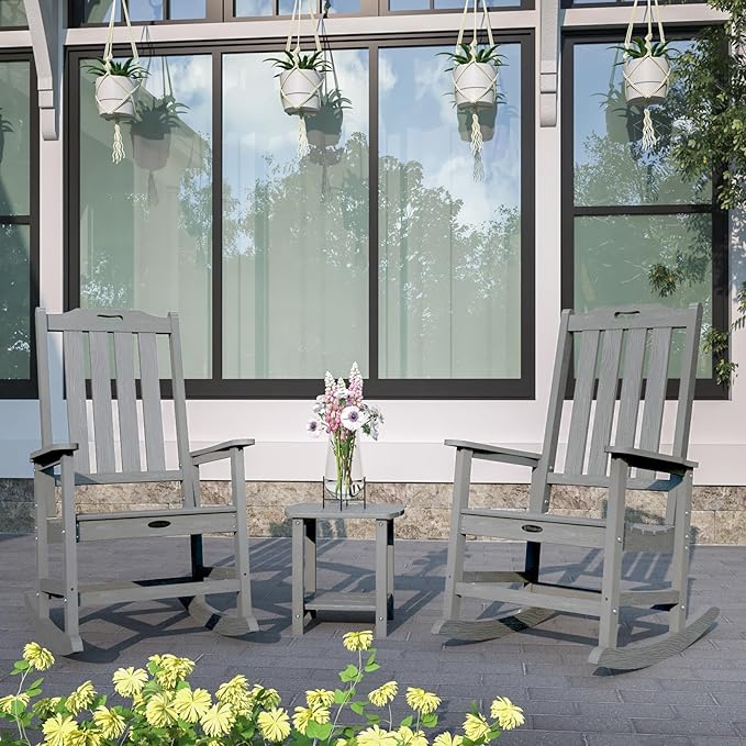 Oversized Rocking Chair Set of 8, Outdoor Rocking Chair for Adults, All Weather Resistant Porch Rocker for Lawn Garden, Grey