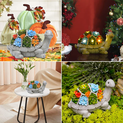 Goodeco Solar-Powered Turtle Garden Ornaments with LED Lights & Succulent Accents - Outdoor Decor for Patio, Balcony, Yard - Birthday Gifts for Women, Mum, Unique Tortoise Statue Housewarming Ideas