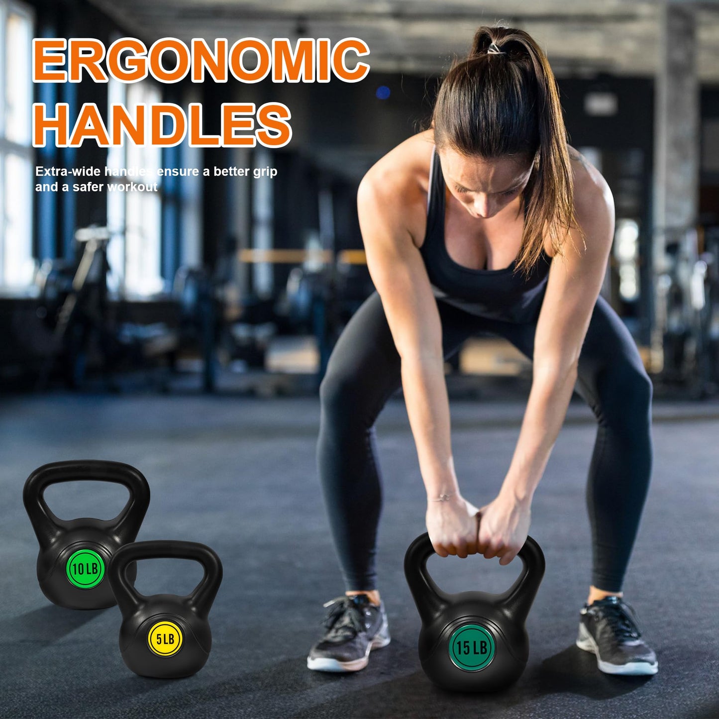 Fitvids Wide Grip 3-Piece Kettlebell Exercise Fitness Weight Set, Include 5 lbs, 10 lbs, 15 lbs and 20 lbs, Set of 3 or Set of 4