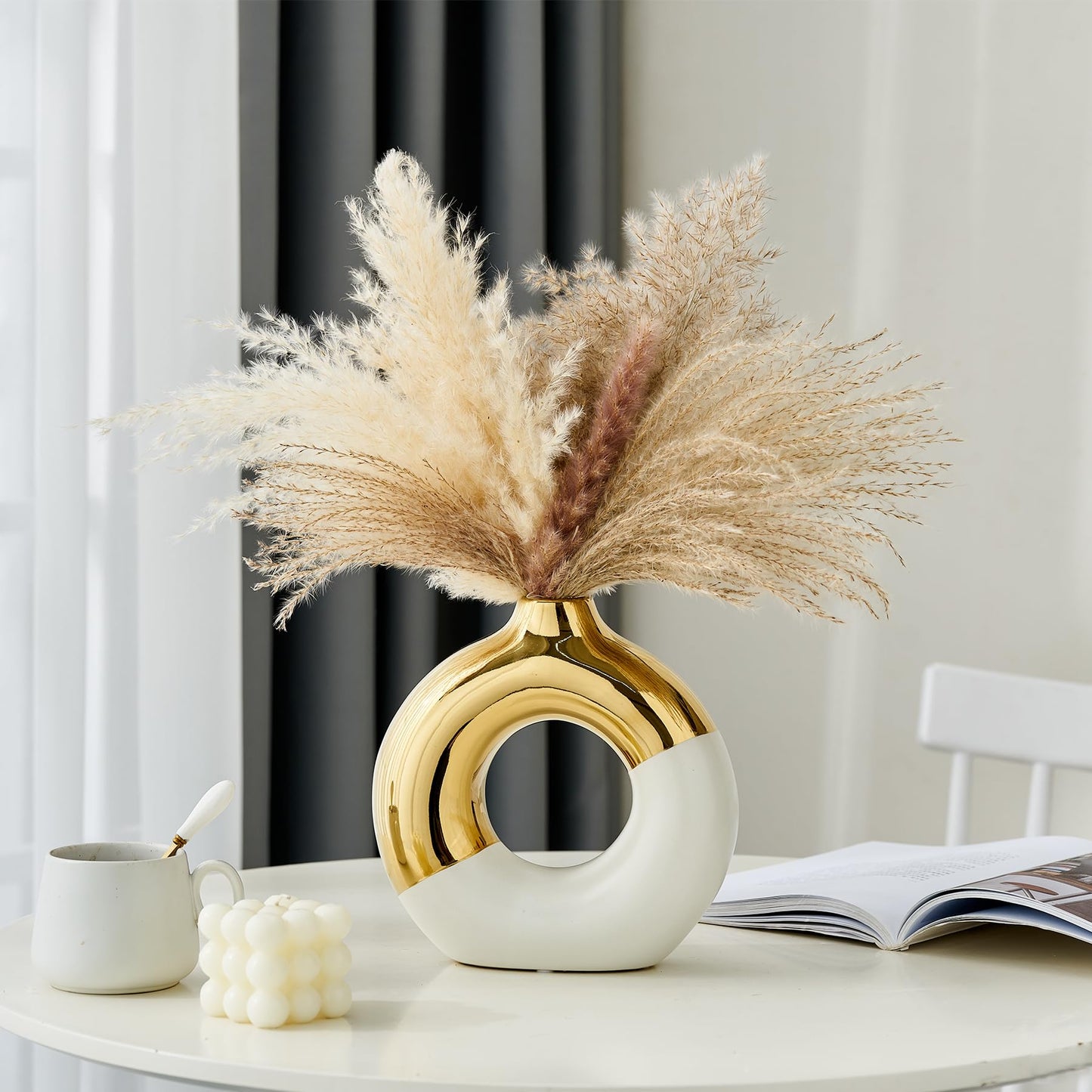FJS Ceramic Donut Vase, 8" L x 8" H White and Gold Round Vase for Pampas Grass, Nordic Modern Vases for Decor, Ceramic Vase Centerpieces for Wedding, Bedroom, Living Room, Coffee Table, Office