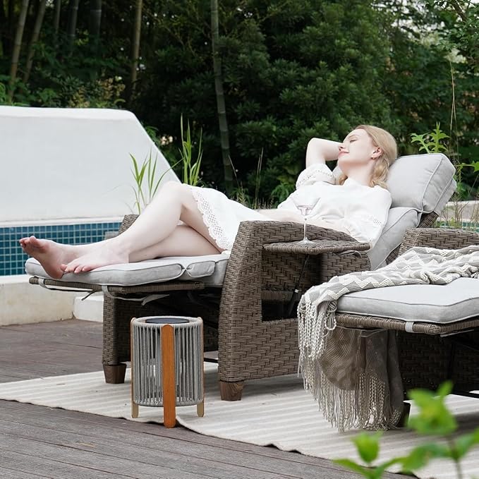 Grand patio Outdoor Reclining Chairs with Extended Footrest 2-Piece Adjustable Patio Wicker,Lounge Recliner up to 150° with Flip Side Table, Mist Grey