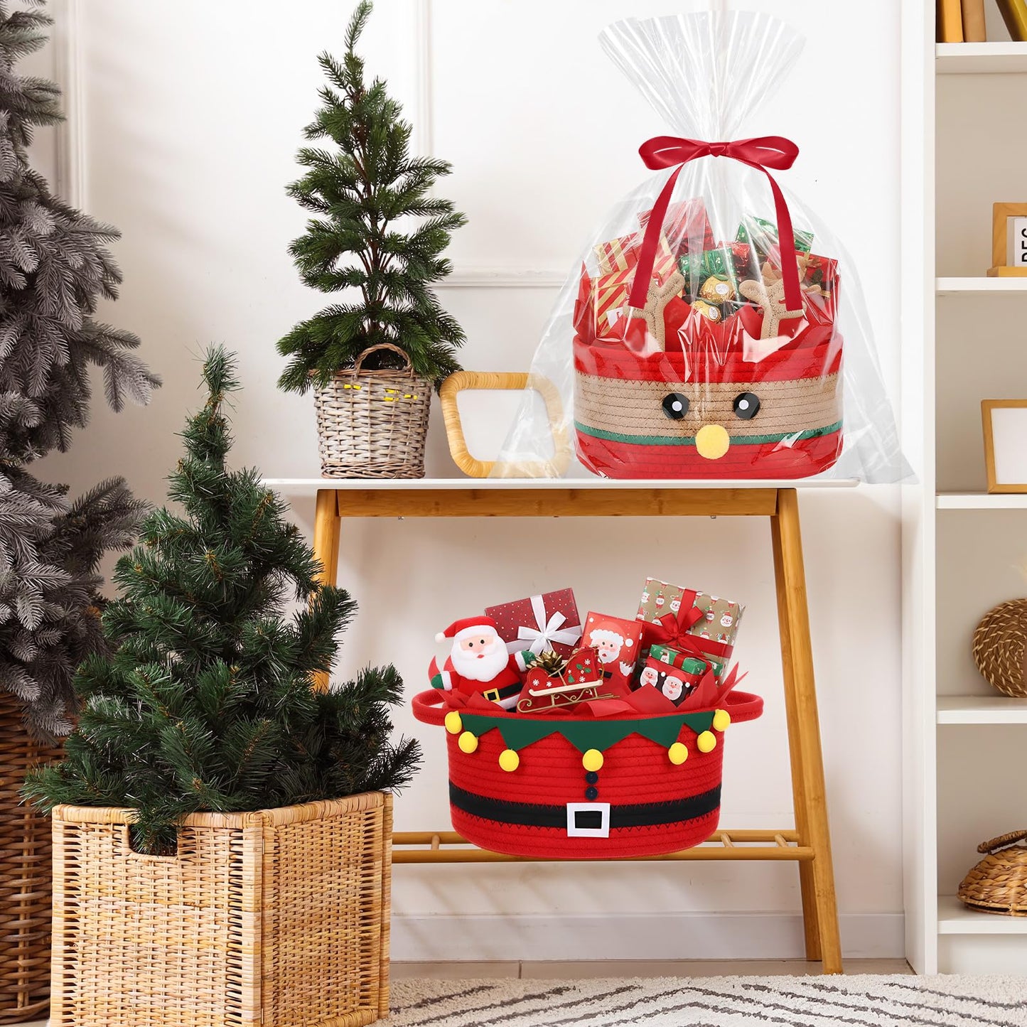 Zopeal 2 Pcs Christmas Woven Basket with Gift Bag, Ribbon and Red Tissue Paper Deer Woven Storage Bin Empty Basket Holiday Decorative for Xmas Gifts, 12 x 8 x 5 inch