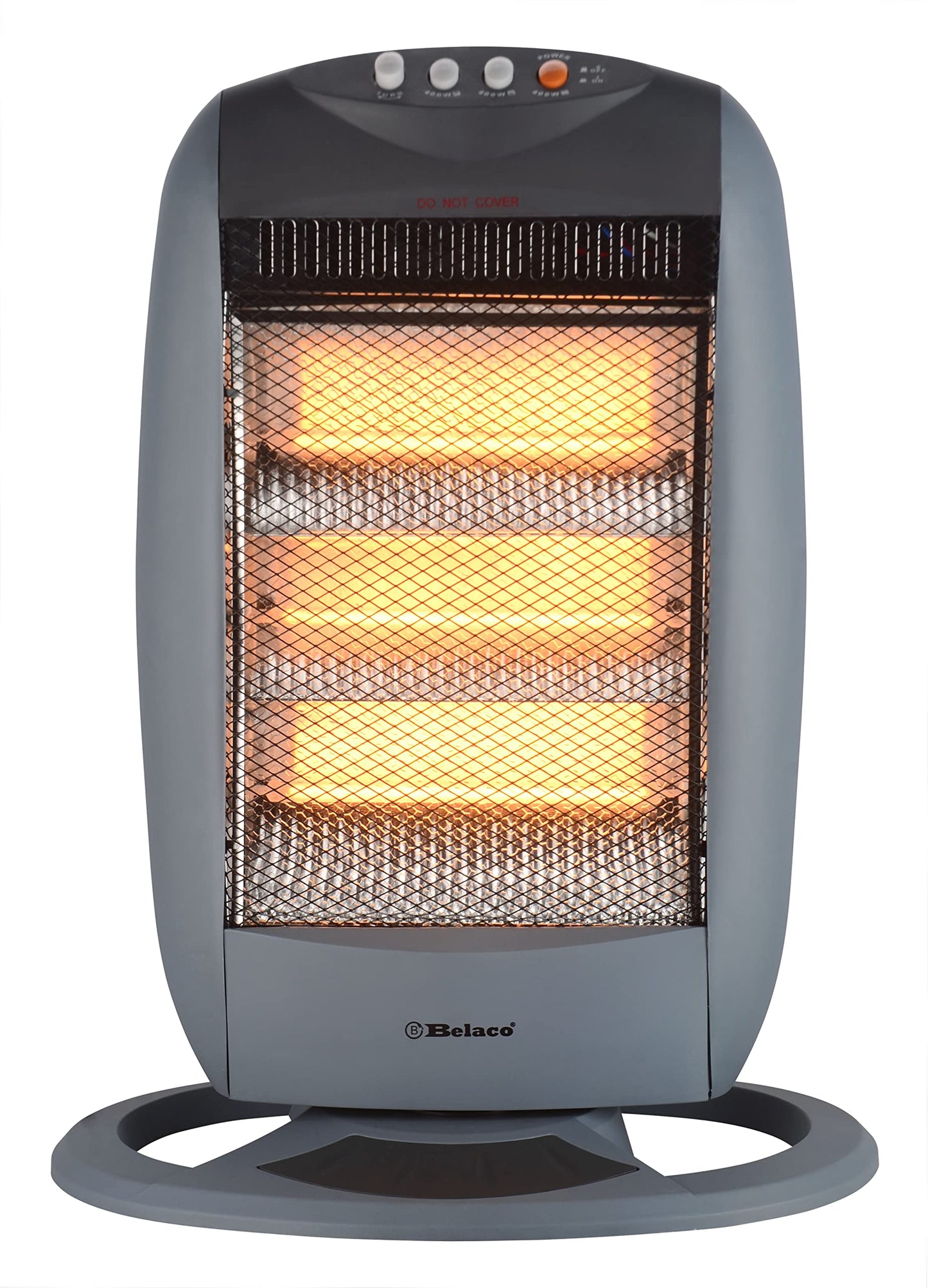 Belaco Halogen electric Heater portable heater with 3 Heat Settings 3 Bar resistant base 1200W 90 Degree Oscillation Compact Carry Handle Safety Tip Over Switch Gray
