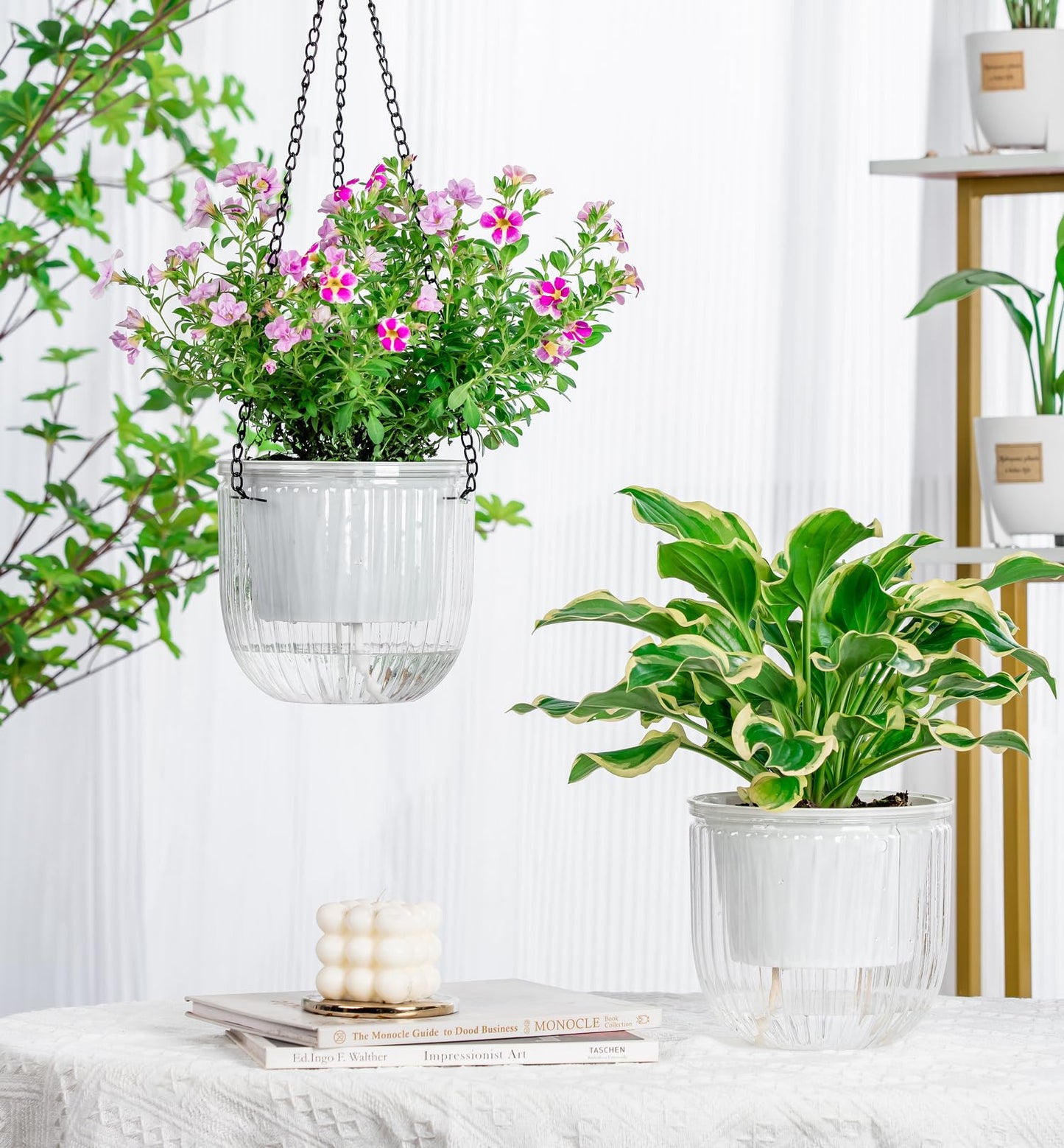 Melphoe 2 Pack Self Watering Hanging Planters Basket Indoor Hanging Flower Pots, 6.5 Inch Outdoor Hanging Plant Pot Basket, with Extra 30 Inch Macrame Plant Hanger for Garden Home Decor