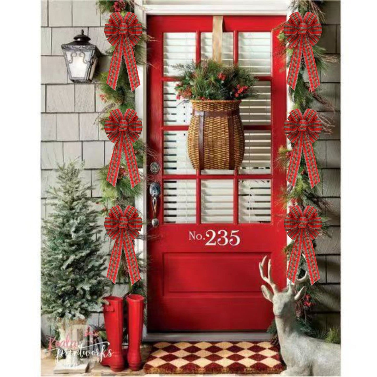 Meseey 2 Pcs 16 x 8 Inch Large Christmas Red and Green Bows Gold Wreaths Bow for Gift Wrapping Tree Topper Front Door Home Decorations