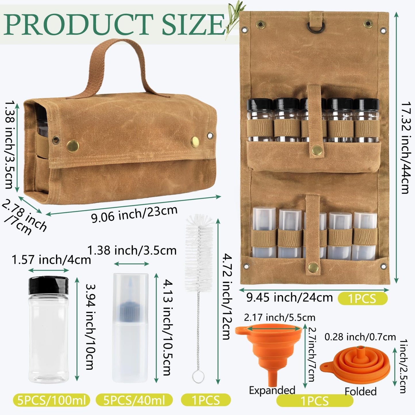 Portable Camping Spice Jars Organizer Kit for Travel, Canvas Seasoning Storage Bag Organizer with 5 Spice Bottles for Salt/Pepper, 5 Oil Spray, Condiment Container Set for BBQ, Hiking, Picnics