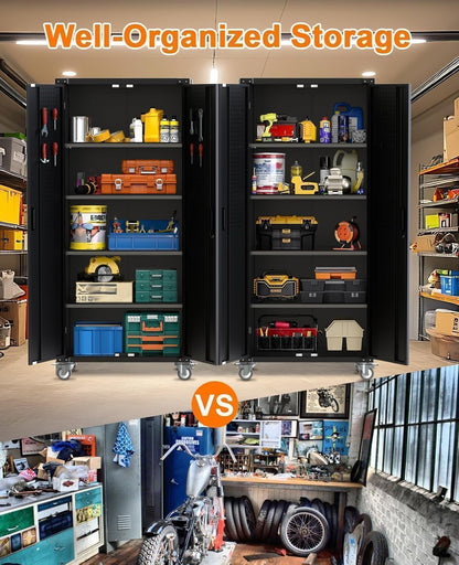 IDEALHOUSE 72" Tall Garage Storage Cabinet – 600 Lb Capacity Metal Tool Cabinet with Magnetic Lock, 4 Adjustable Shelves & Wheels, Heavy-Duty Steel Storage for Workshop, Home & Office