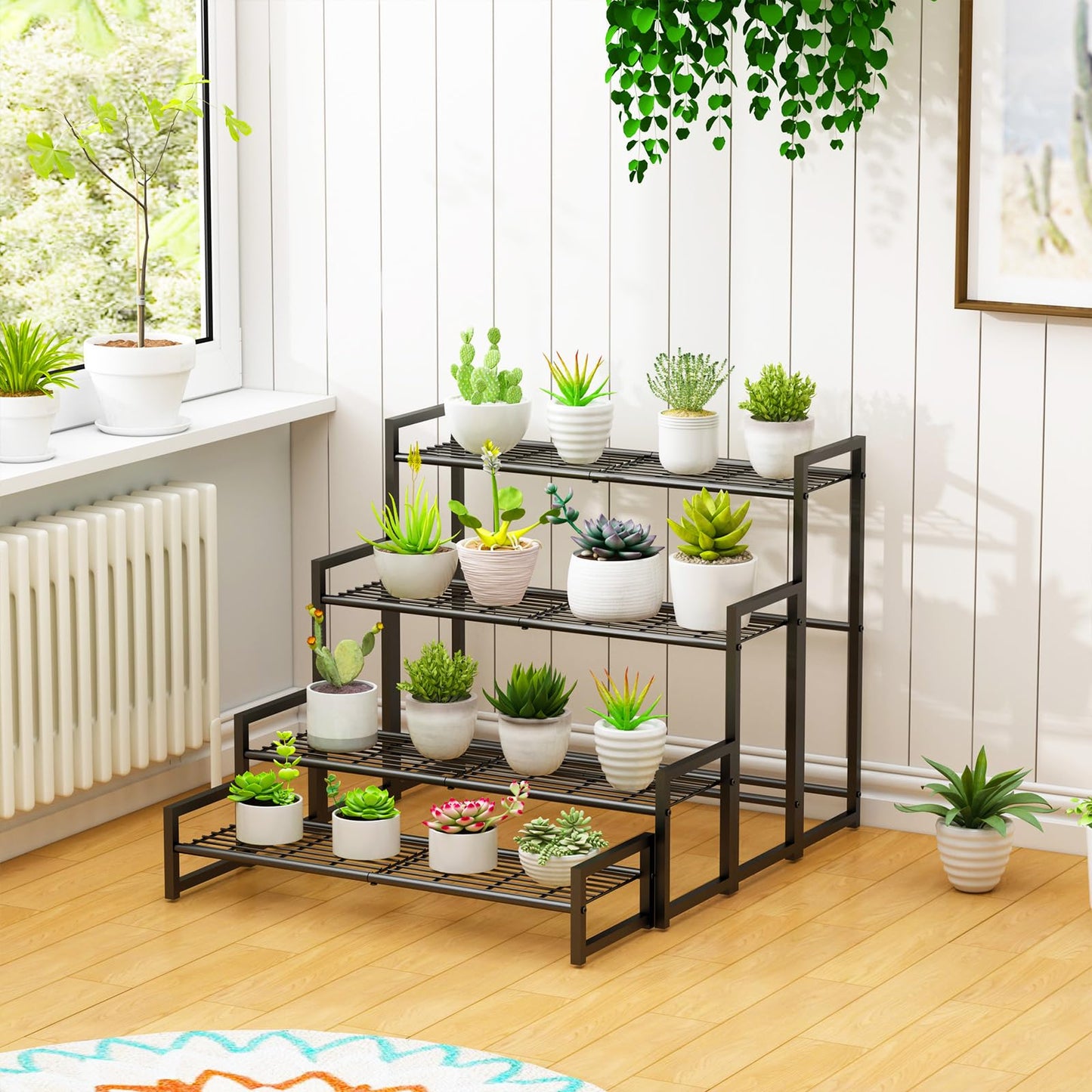 Garden 4 you 4 Tier Stair Style Large Metal Plant Stand Stackable, Garden Display Shelf Flower Pot Holder Storage Organizer Rack for Indoor Home Outdoor Patio Balcony Yard( Black,Rectangle)