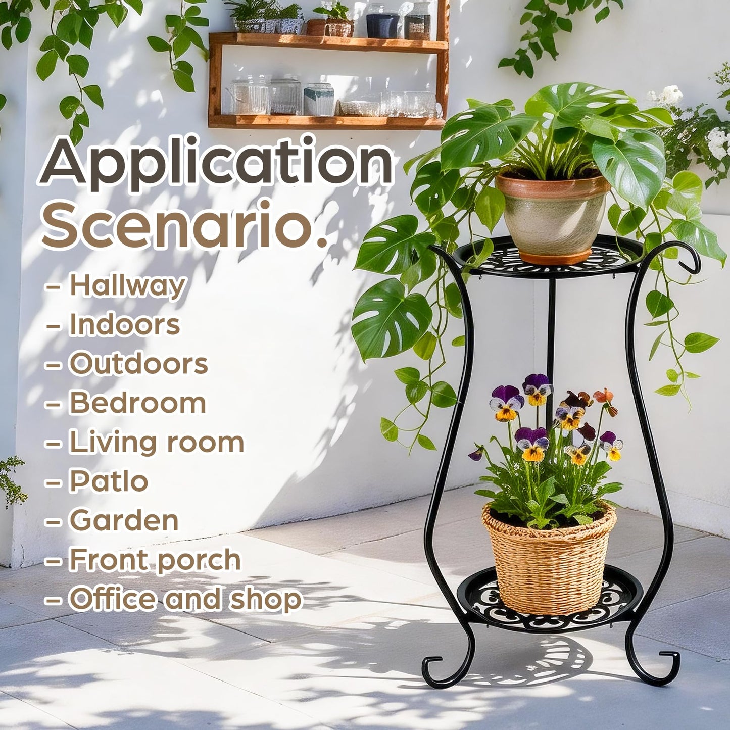 WECHARM HOME 2-Tier Heavy Duty Metal Plant Stand | Round Indoor Outdoor Potted Plant Holder, Black Corner Display Shelf