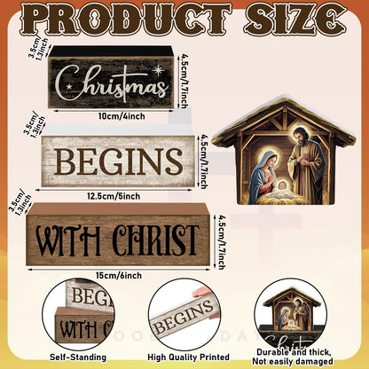 Moucuny 4 Pcs Christmas Table Decoration Christian Wooden Stacked Block Decor, Christmas Begins with Christ Signs with Nativity Scene Topper, Rustic Religious Xmas Tiered Tray Decor for Home Church