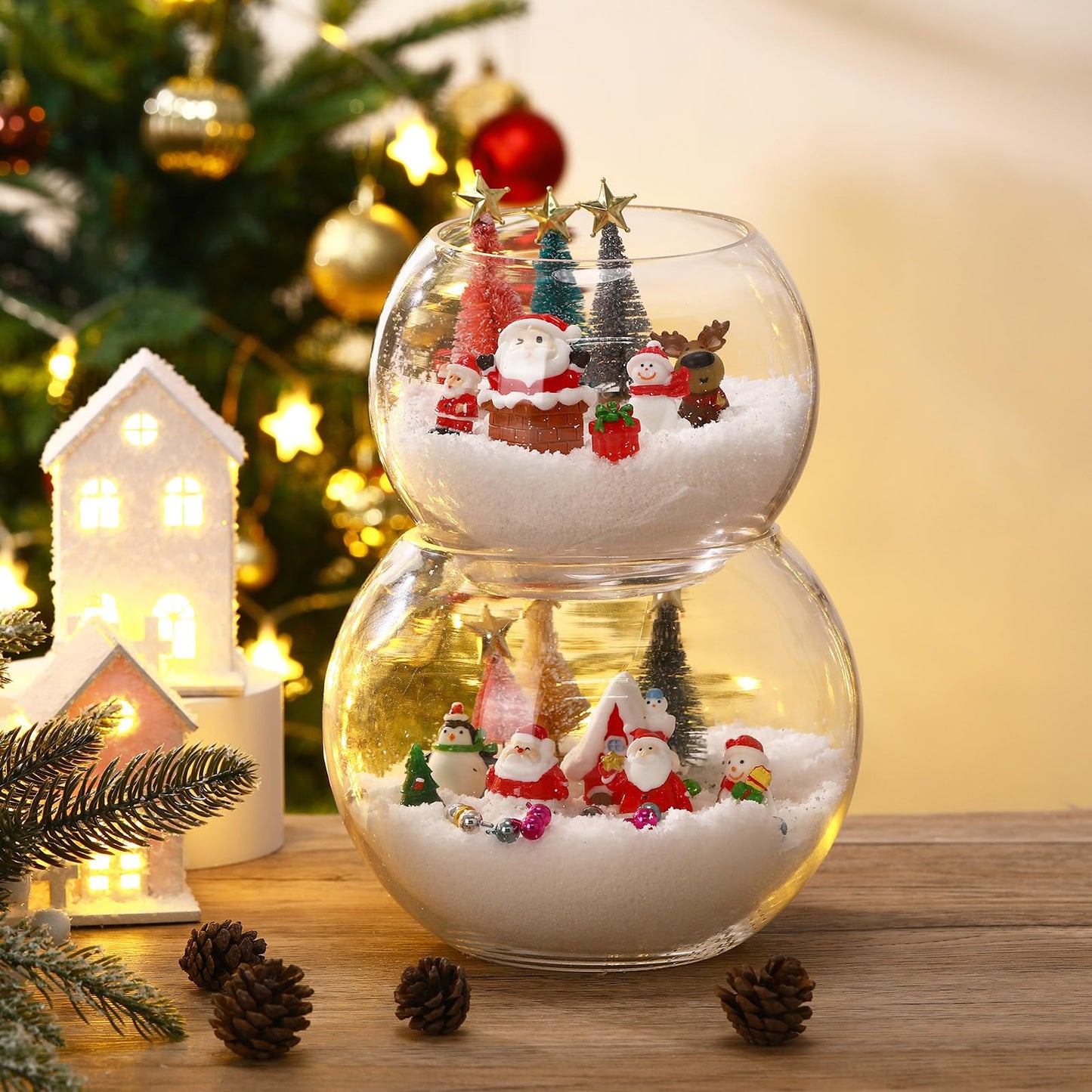 Roowest 96 Pcs Miniature Ornaments for Snow Globe Kit DIY Christmas Village Decoration Christmas Figurines Mini Ornaments with Snowman Reindeer Santa Claus Snowflake(DarkGreen Teal Beige Sliver Pink)