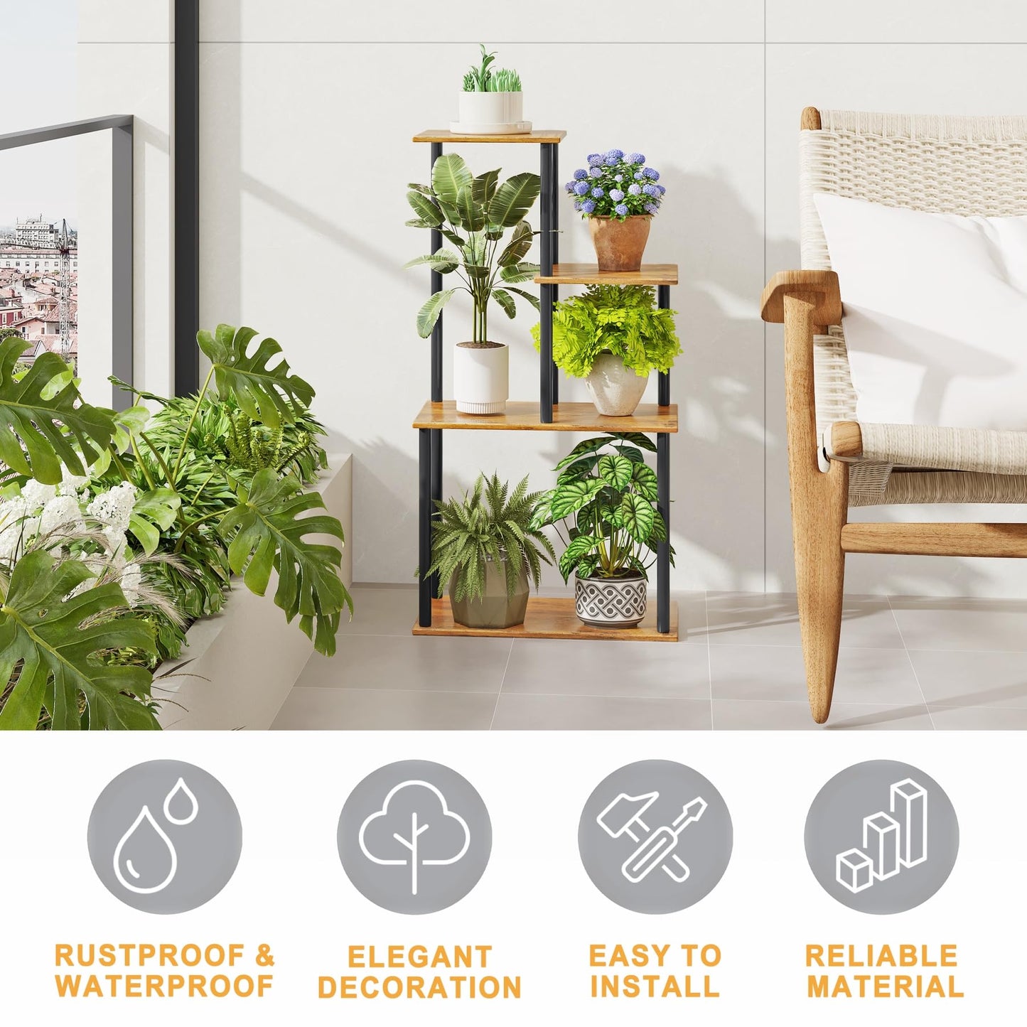yeavs Plant Stand Indoor, 4-Tier Plant Shelf Multiple Metal Wood Flower Pot Holder for Living Room Office Balcony Patio, Rustic Brown
