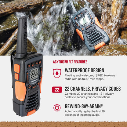 Cobra RX680 Walkie Talkies (2-Pack) - Rugged & Splashproof Two Way Radios Long Range, IP54 Water Resistant Design, 60 Pre-Programmed Channels, Weather Alerts, Included Charging Dock (Black/Orange)
