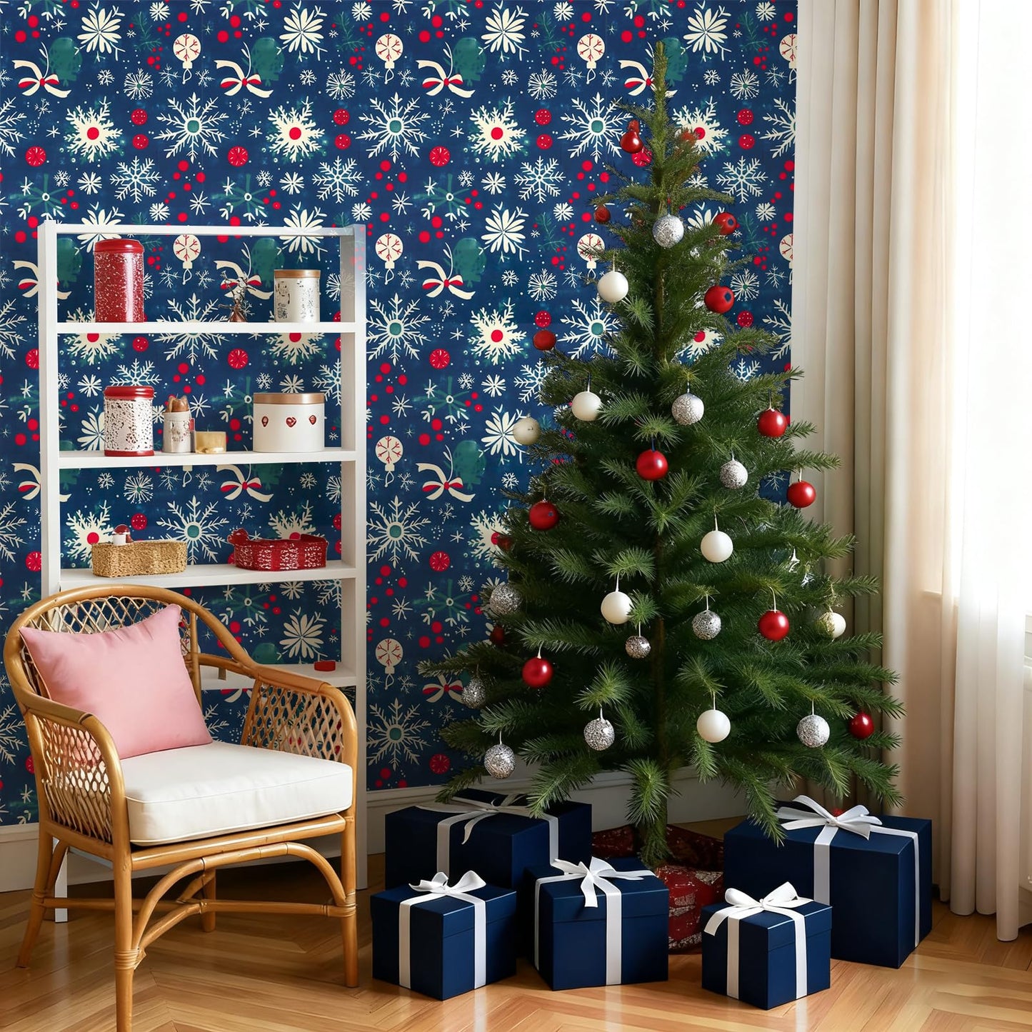 Christmas Peel and Stick Wallpaper Snowflake & Ornament Contact Paper Green Holiday Wall Paper Decor Removable Self-Adhesive Wallpaper Vinyl Christmas Decoration for Countertop Cabinets 17" x 196.8"