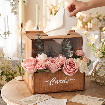 AceOrbit Wooden Rustic Wedding Card Box for Reception with Acrylic Window & Flower Holder, 9.8" Wood Money Gift Card Box with Slot, Holds 250 Cards, for Honeymoon Fund Graduation Baby Shower Party