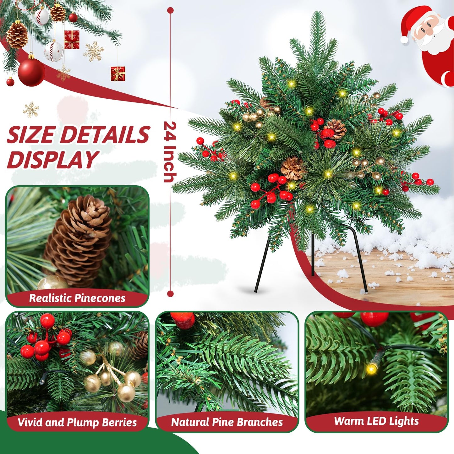 24 Inch Christmas Tree Urn Filler Set of 2, Lighted Xmas Trees with Pine Cones Berries, Christmas Outdoor Decorations for Home Porch Yard