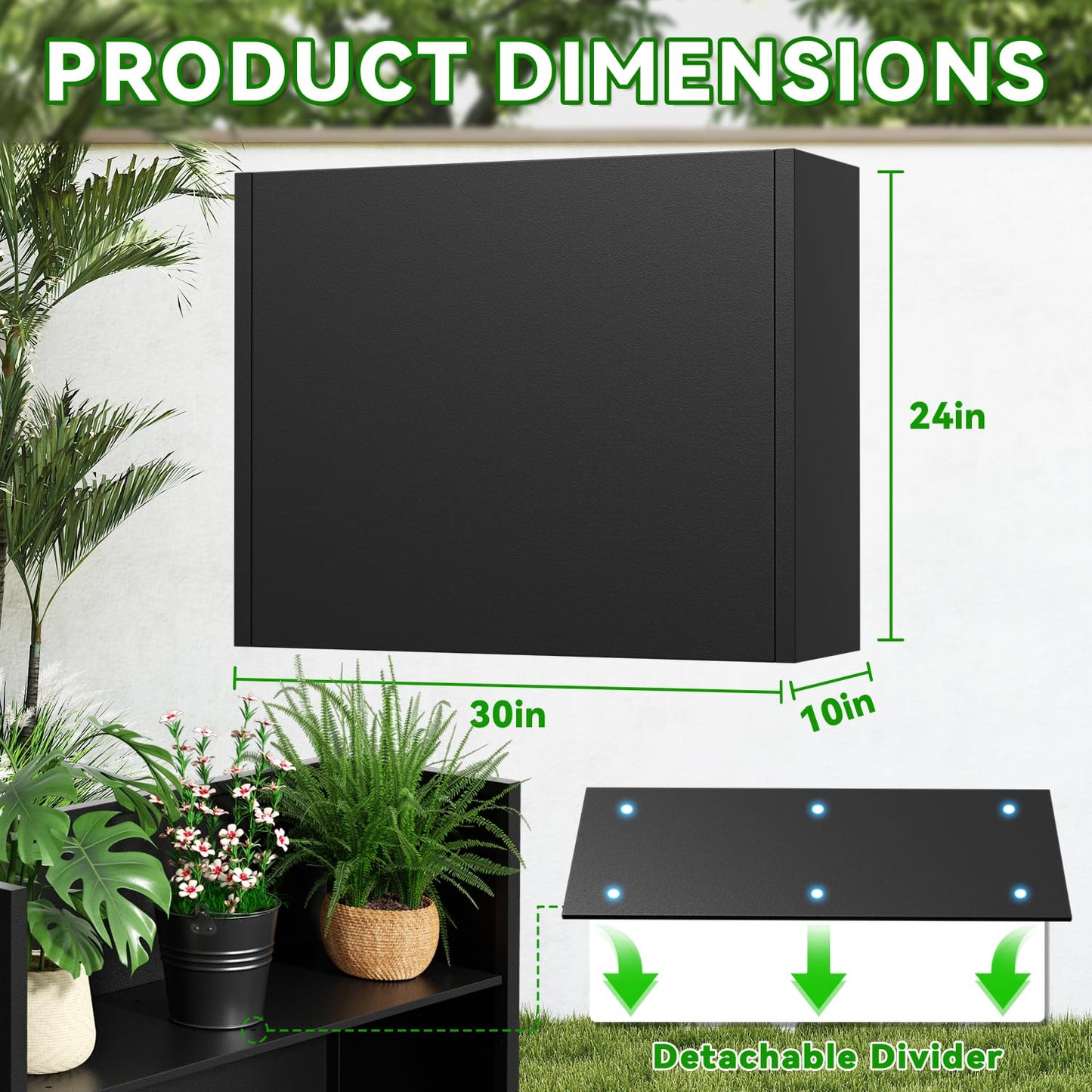 POOAMY Metal Planter, 30L x 10W x 24H, Heavy Duty Tall Planters for Outdoor Plants, Black Planters with Removable Insert Shelf, Large Planters with Drainage Holes for Porch, Patio and Yard, Black