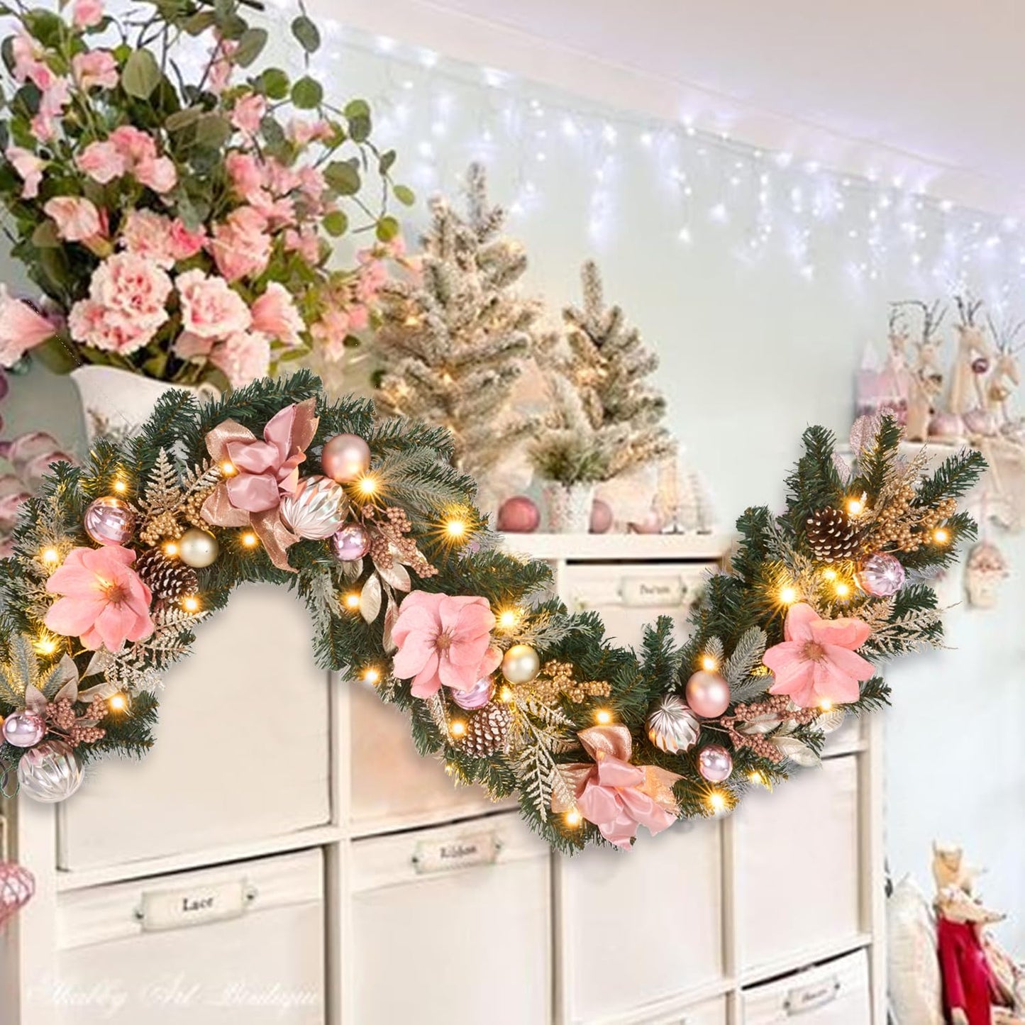 6ft Pink Gold Christmas Garland with Lights,20 LED with Timer, Lighted Door,Fireplace, Mantel and Stairs Winter Decor,Entryway Porch Decoration,prelit Elegant Magnolia Garland for Front Door