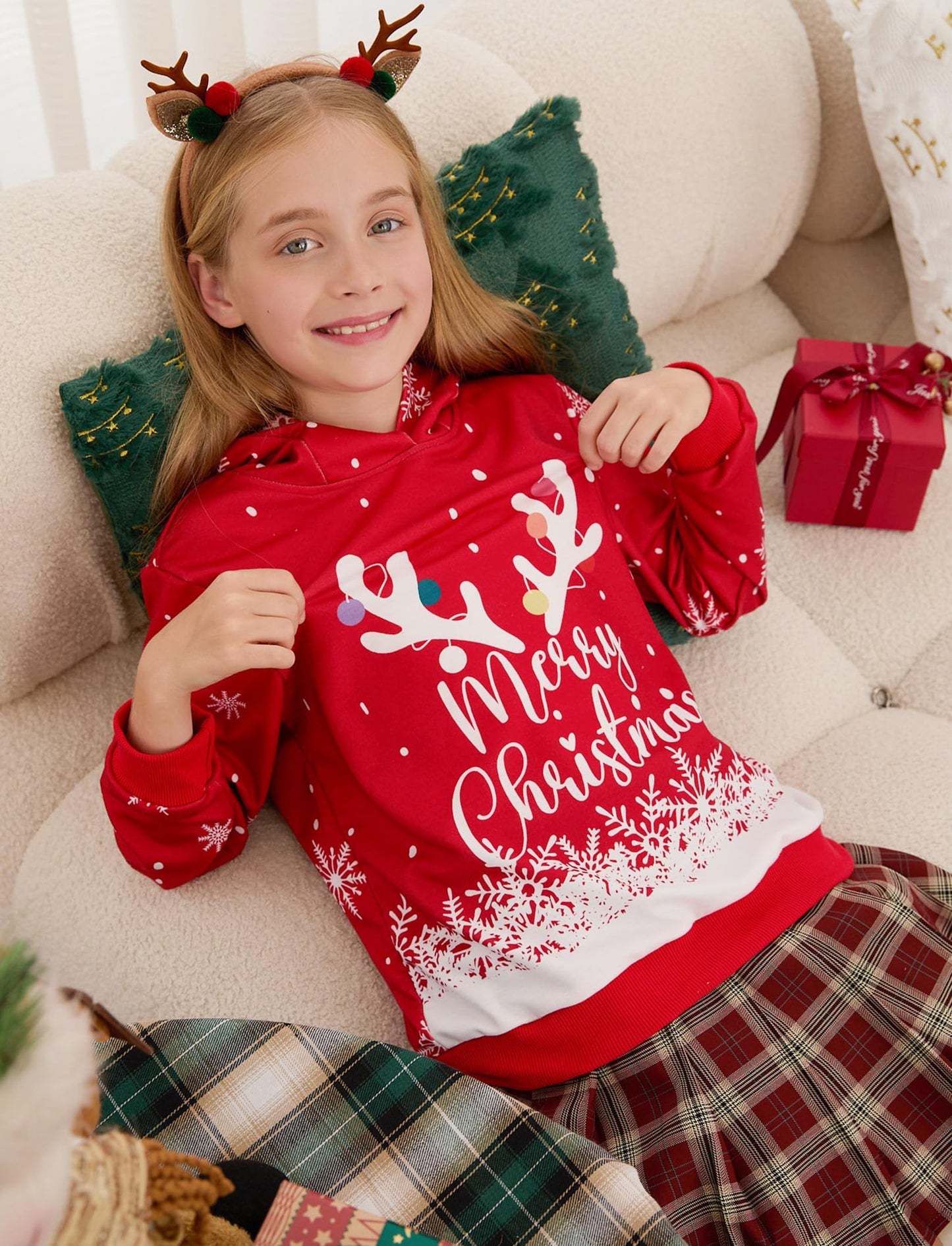 PATPAT Girls Christmas Graphic Hoodies Size 12-13 Years Red Long Sleeve Letter Print Pullover Hooded Sweatshirts Casual Cute Tops for Big Kids