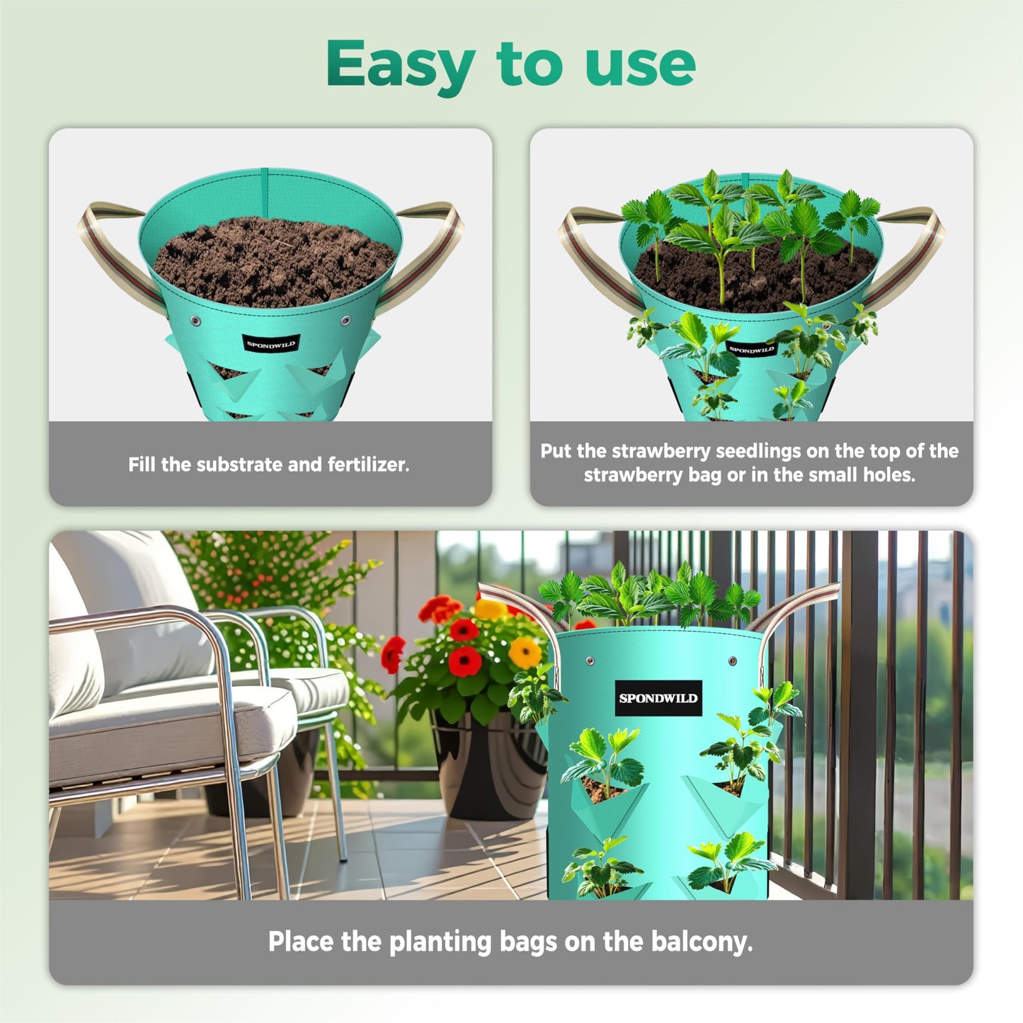 SPONDWILD 3 Pack 10 Gallon Strawberry Grow Bags, Heavy Duty PE Plant Pots with Breathable Windows and Drainage Holes, Ideal for Strawberries, Veggies, Flowers and Balcony